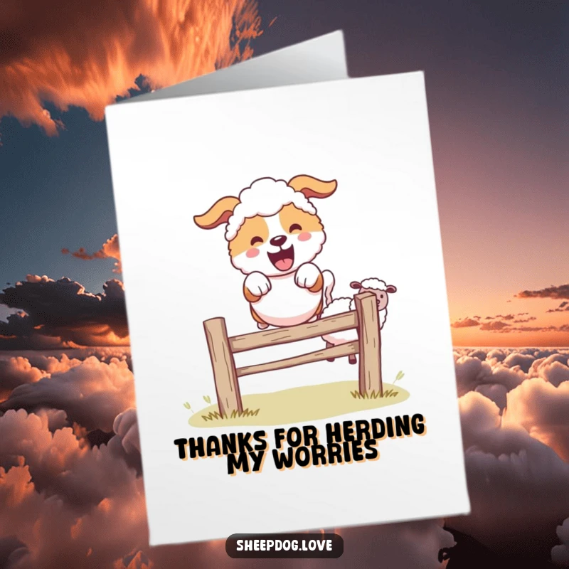 Funny Free Printable Thank You Card: A cheerful sheepdog captured mid-leap over a fence, conveying thanks with playful energy.