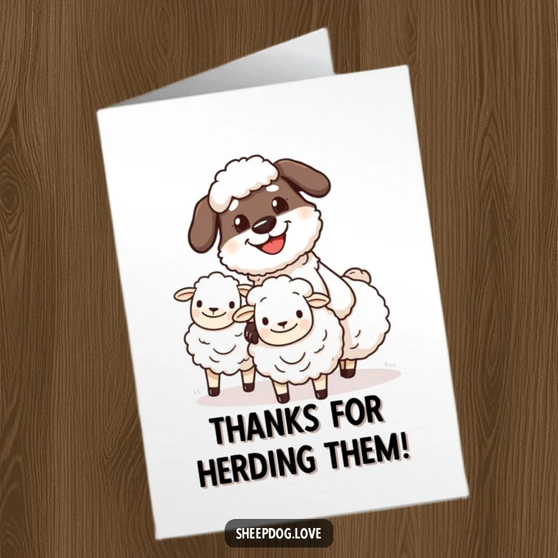 Funny Free Printable Thank You Card: A sheepdog with a happy grin herding sheep, expressing thanks.
