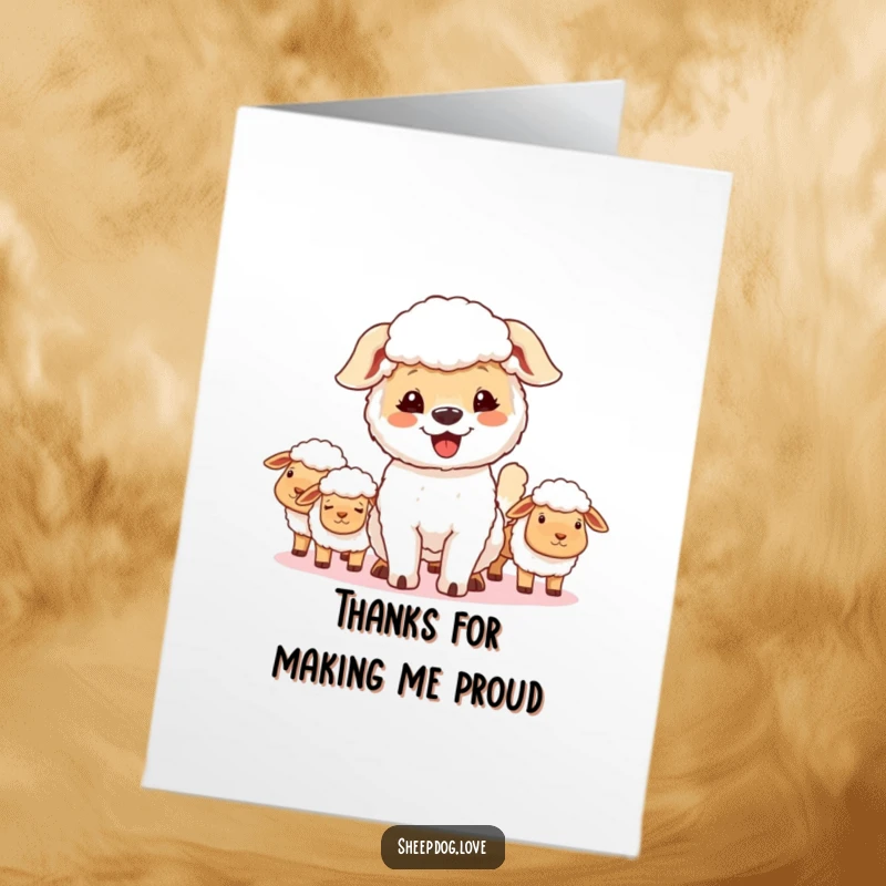 Funny Free Printable Thank You Card: Content sheepdog with a happy tail wag, looking lovingly at its flock.