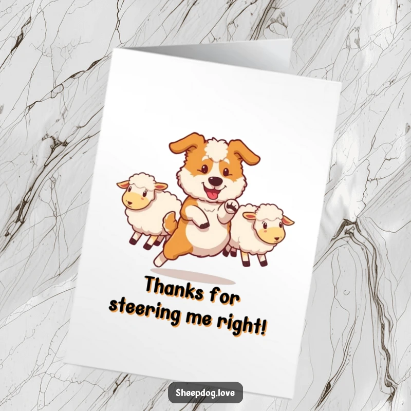 Funny Free Printable Thank You Card: A sheepdog demonstrates impressive skill with a swift maneuver, redirecting sheep with precision.