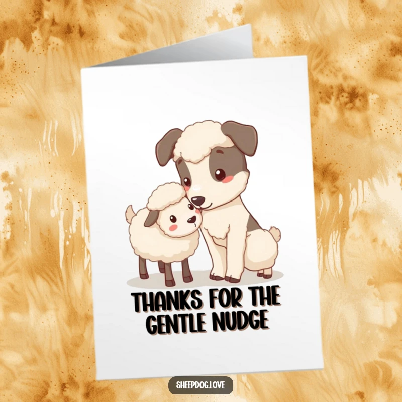 Funny Free Printable sheepdog card gently nudging a stray sheep, ideal for expressing sincere thanks.