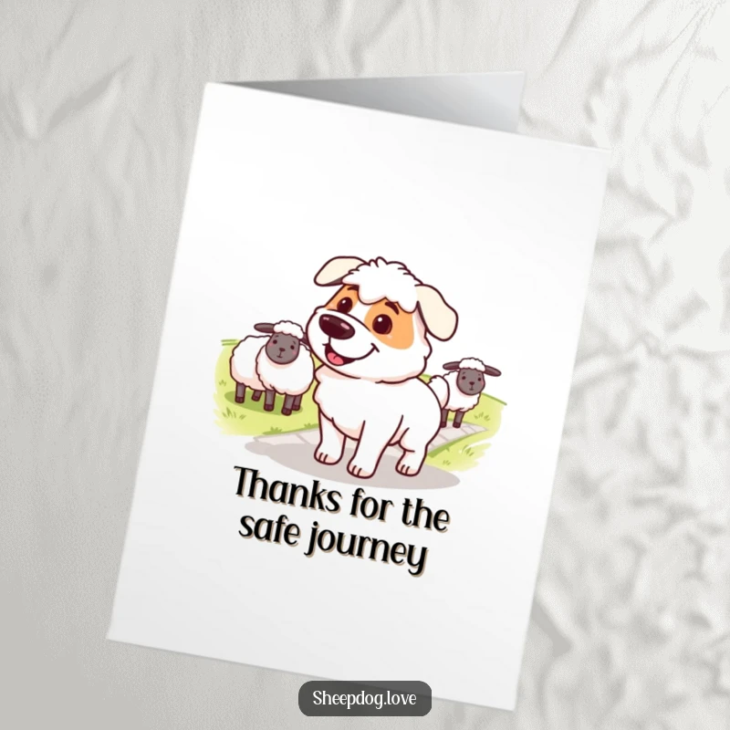 Funny Free Printable Thank You Card: Determined sheepdog with a smile, guiding sheep across a path successfully.