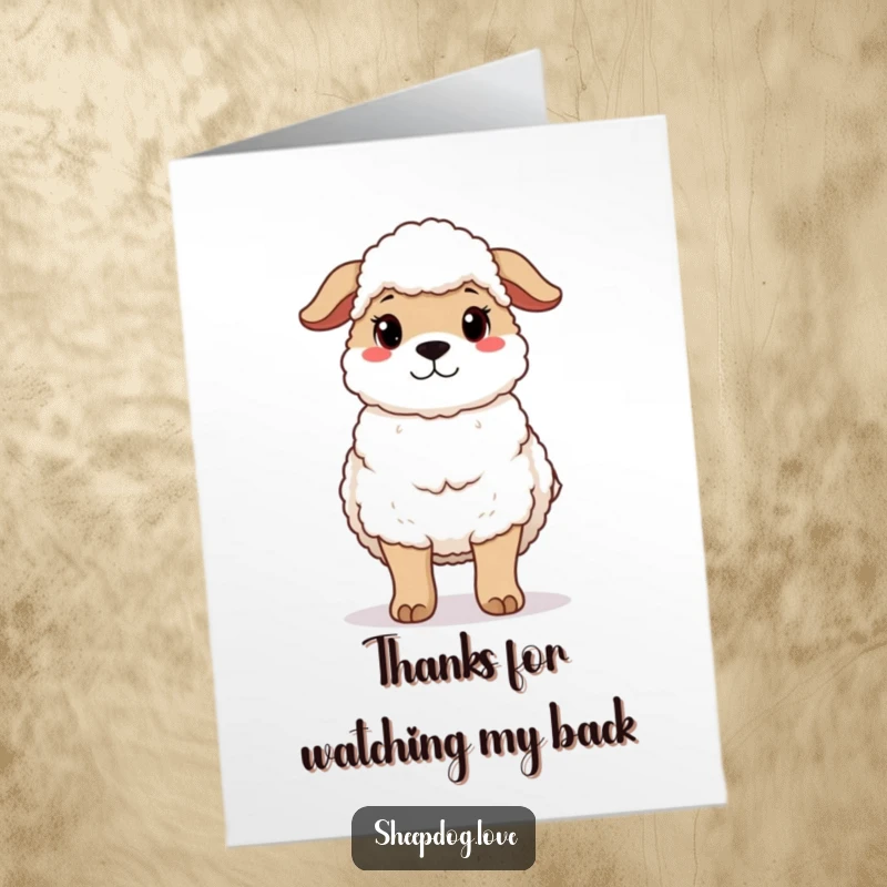 Funny Free Printable Thank You Card: A protective sheepdog standing guard gently, offering thanks with quiet devotion.