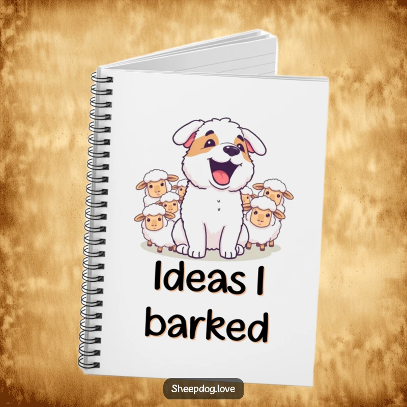 Funny sheepdog joyfully barking at sheep on the cover of a notebook, ideal for jotting down inspired thoughts.