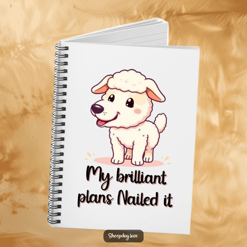 Funny sheepdog notebook illustrated with an excited sheepdog wagging its tail, ready to capture brilliant ideas.