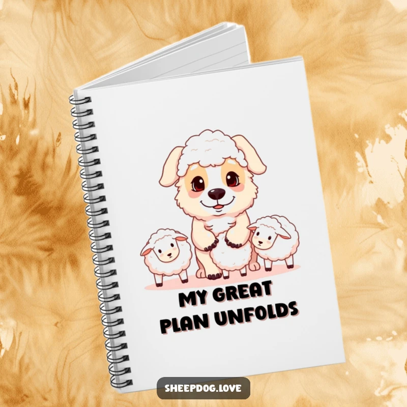 Funny sheepdog notebook featuring a playful herding dog with a focused gaze rounding up sheep, designed for capturing notes with canine charm.