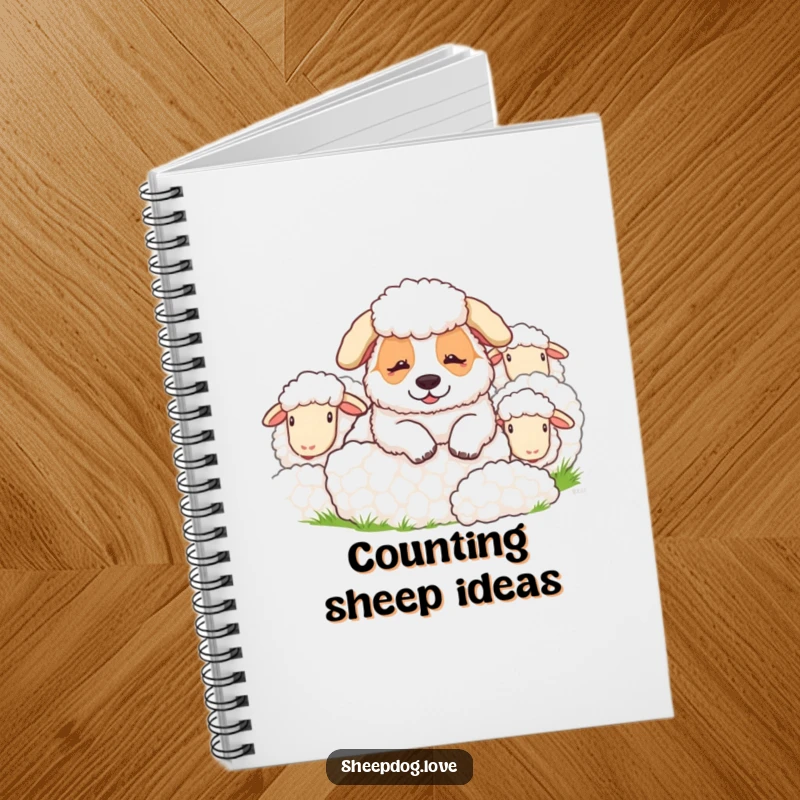 Funny sheepdog notebook with a resting sheepdog and sheep graphic, ideal for journaling or note-taking with a humorous twist.