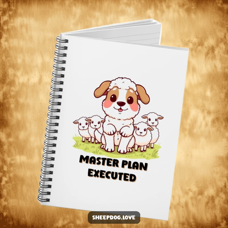 Funny sheepdog notebook showing a proud dog after herding sheep, ideal for jotting down notes and achievements. Great for dog fans.