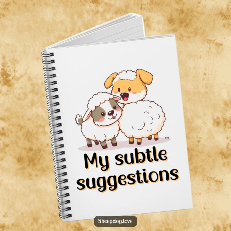 Funny sheepdog playfully nudging a stray sheep on the cover of a notebook, ideal for jotting down inspired thoughts.