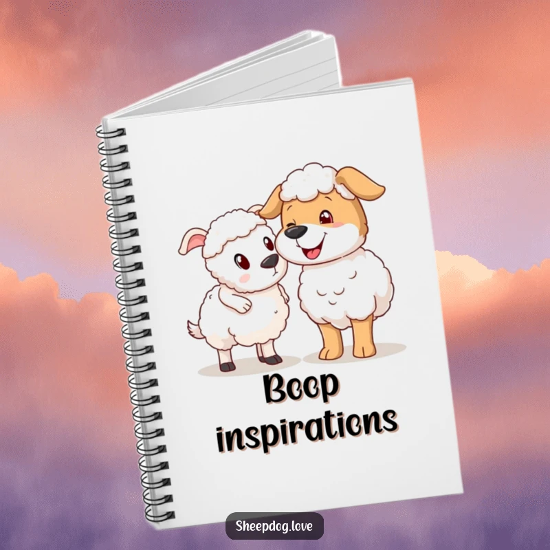 Funny sheepdog nudging sheep notebook, showing a dog playfully nudging a surprised sheep.
