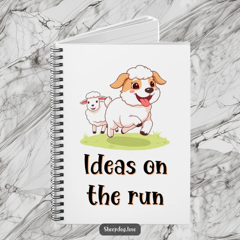 Funny Sheepdog notebook featuring a happy dog with its tongue out, running alongside sheep, perfect for jotting down ideas with a smile.