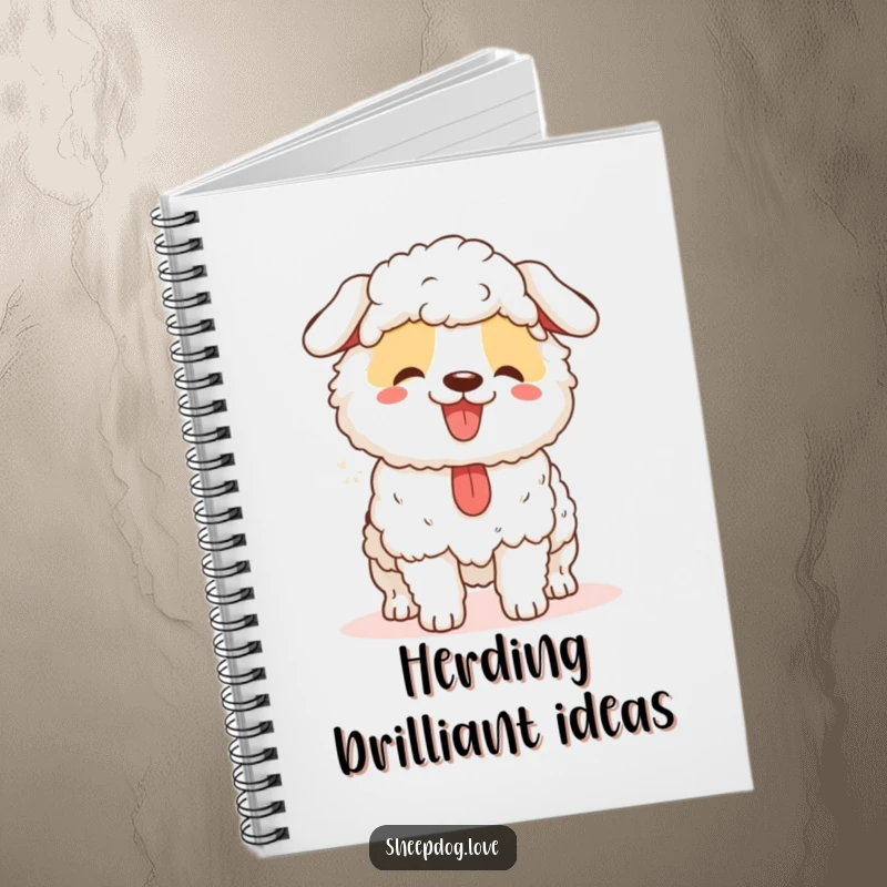 Funny sheepdog notebook with a happy panting herder dog, ideal for notes and a humorous gift.