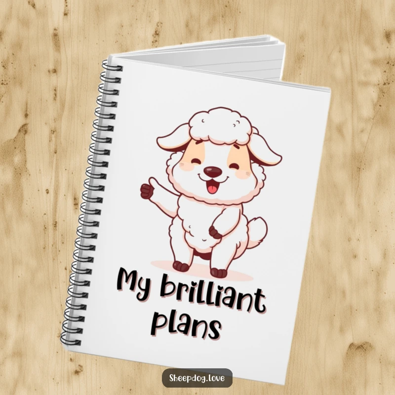 Funny sheepdog notebook featuring a proud dog wagging its tail, ideal for jotting down notes with a touch of loyalty.