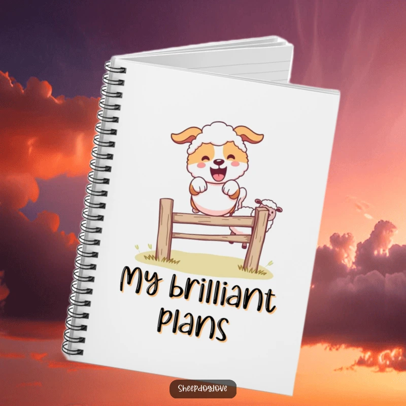 Funny sheepdog character leaping over a fence, sheep behind, notebook cover.