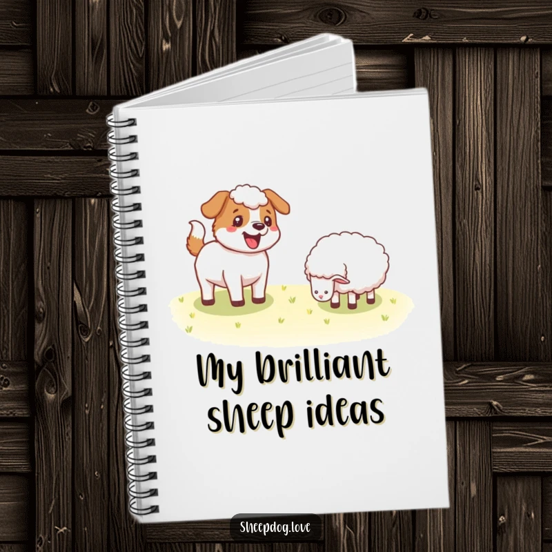 Funny Sheepdog notebook featuring a happy dog wagging its tail near sheep, perfect for jotting down notes with a smile.
