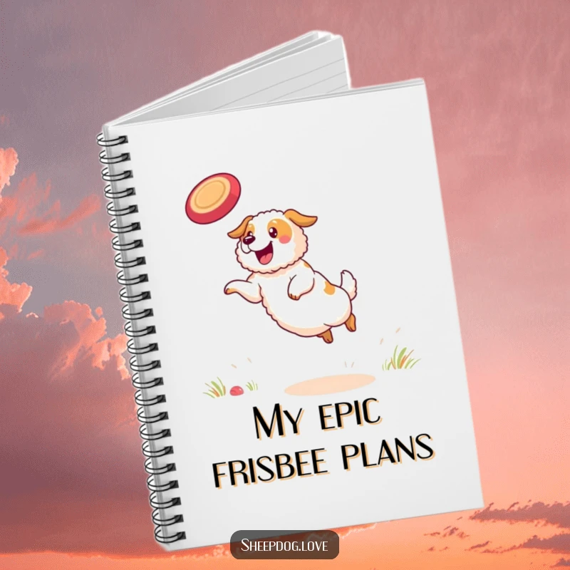 Funny sheepdog notebook cover featuring a determined sheepdog poised to catch a frisbee, symbolizing catching ideas.