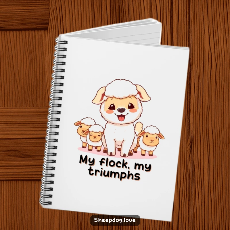 Funny sheepdog notebook, a happy dog wagging its tail, looking proud over its flock, perfect for notes.