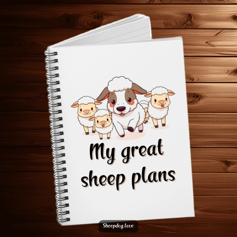 Funny sheepdog gathering a scattered flock of sheep on the cover of a lined notebook for jotting down thoughts.