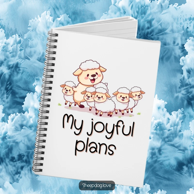 Funny sheepdog notebook featuring a fluffy herding dog joyfully guiding sheep, designed for capturing notes with canine charm.