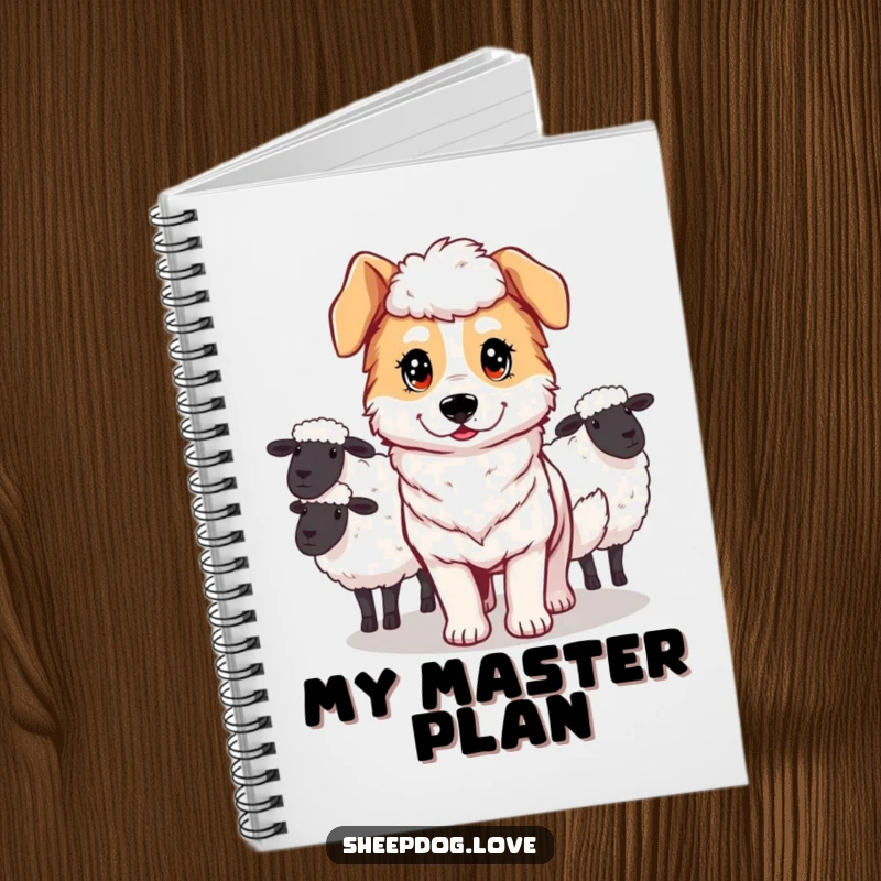 Funny notebook featuring a determined sheepdog guiding sheep, perfect for planning and strategic notes.