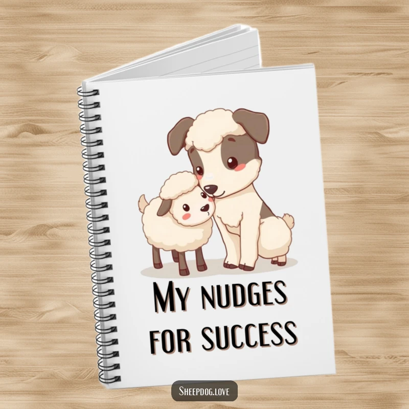 Funny Nudging Sheepdog Notebook featuring a sheepdog gently nudging a stray sheep, perfect for jotting down kind thoughts.