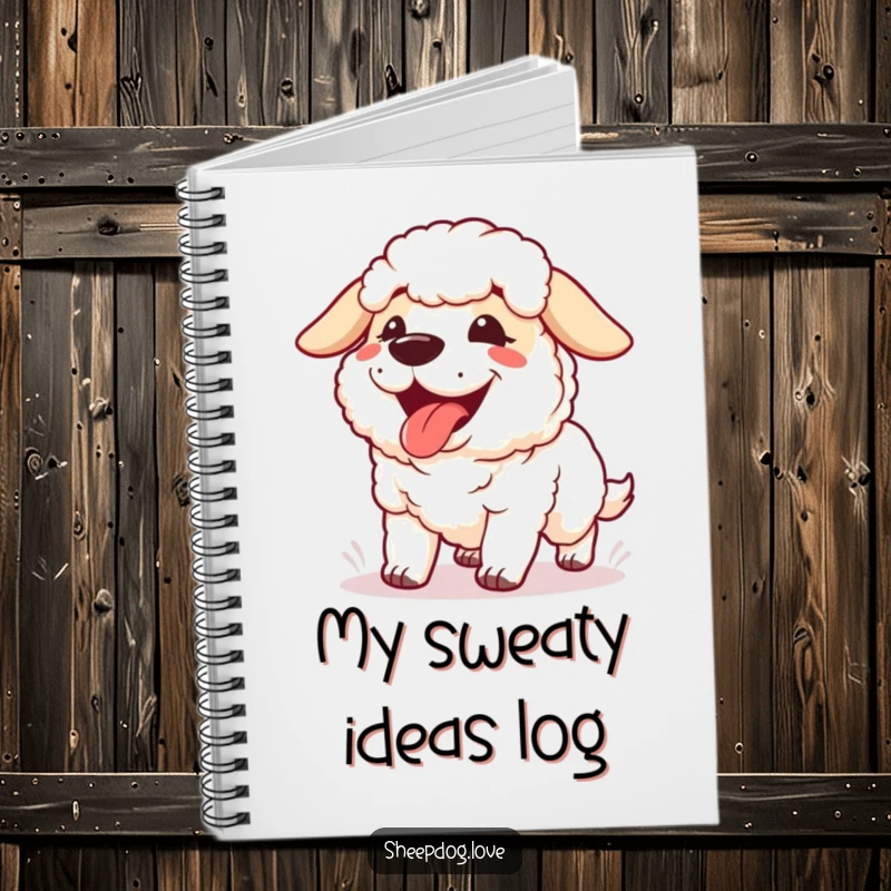 Funny Panting Sheepdog Notebook featuring a happy sheepdog panting with its tongue out, perfect for jotting down fitness notes.