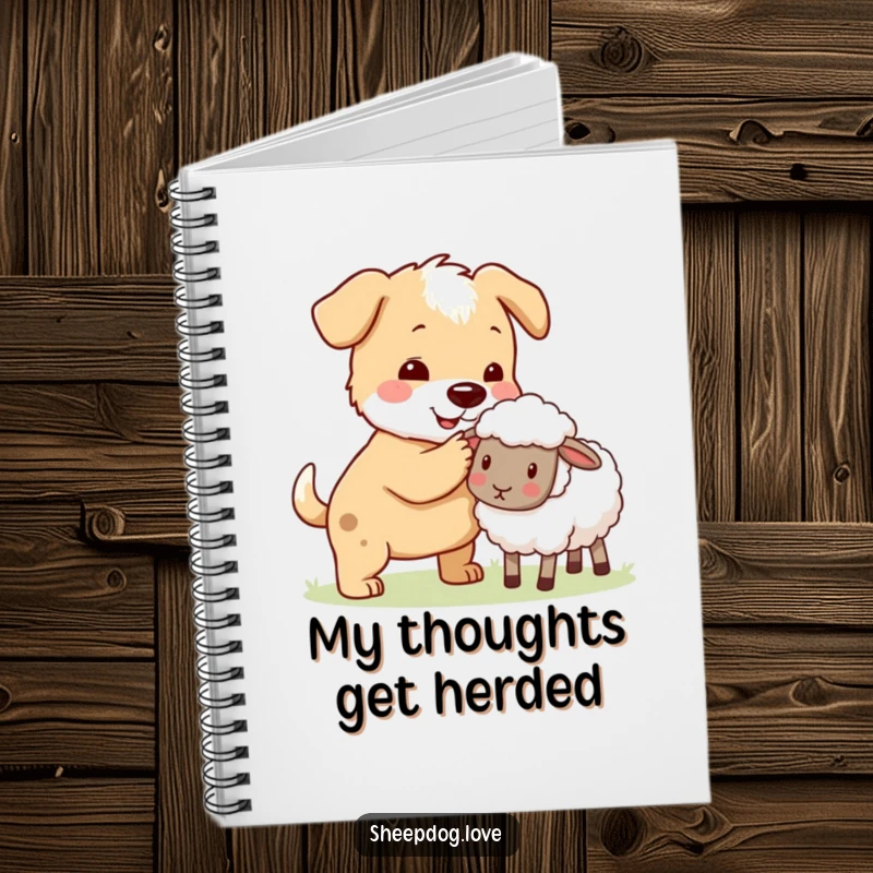 Funny sheepdog nudging a stray sheep back to the flock on a notebook, perfect for organizers.