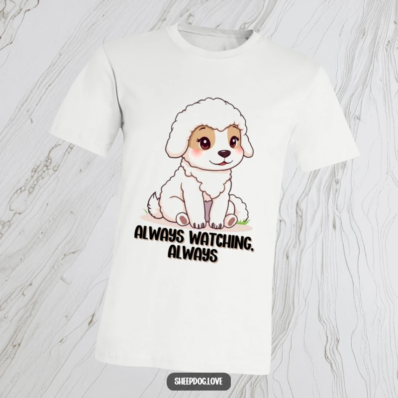Funny sheepdog t-shirt featuring a tranquil dog calmly observing sheep, a great gift for loyal individuals.