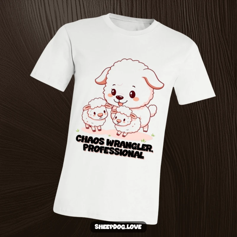 Funny Sheepdog T-Shirt showing a happy, fluffy sheepdog playfully herding a group of small, bouncy sheep.