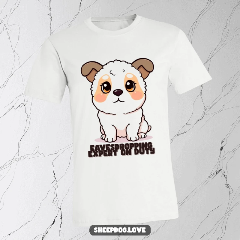 Funny sheepdog t-shirt featuring a dog with perked ears, actively listening with intense concentration. Ideal for dog moms and dads.