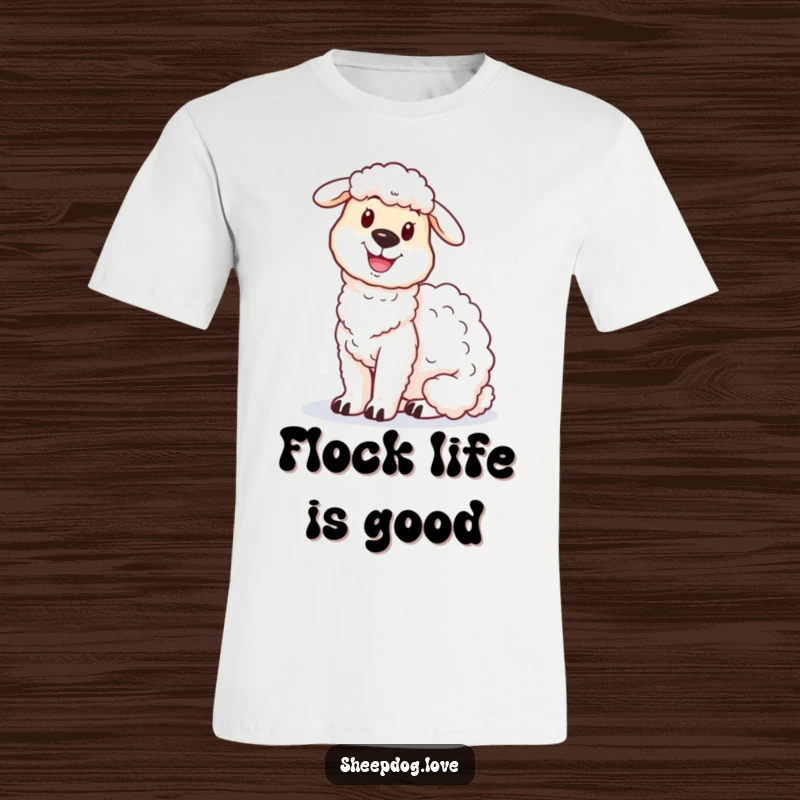 Funny sheepdog t-shirt featuring a happy sheepdog posing proudly next to a very fluffy sheep.