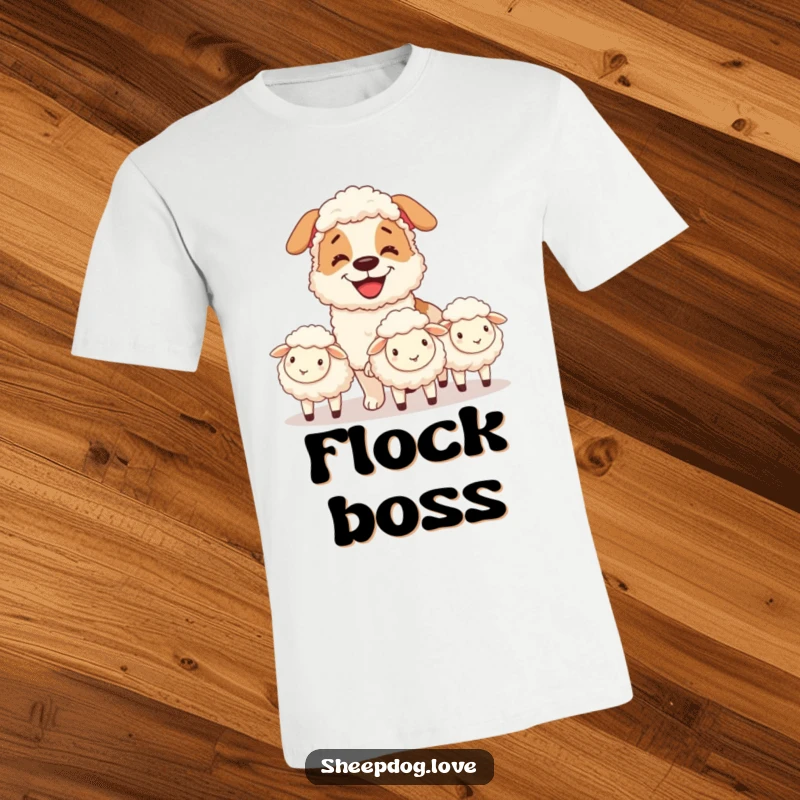 Funny t-shirt featuring a sheepdog with a big grin, expertly herding sheep, a humorous design for dog lovers.