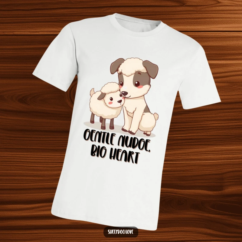 Funny Nudging Sheepdog T-Shirt showing a sheepdog gently nudging a lost sheep with its nose, displaying caring guidance.