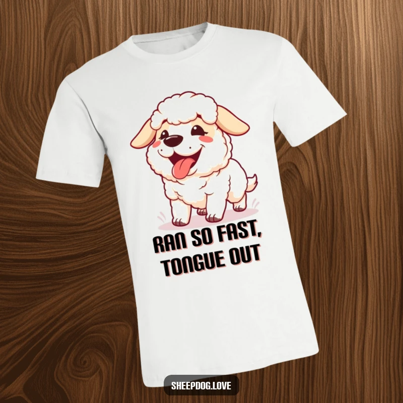 Funny Panting Sheepdog T-Shirt showing a happy sheepdog panting with its tongue out after a rewarding and energetic run.