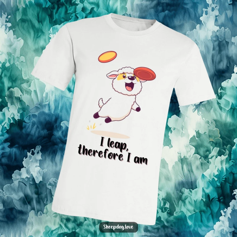 Funny sheepdog t-shirt, a dynamic dog soaring through the air, focused on catching a flying frisbee with pure excitement.