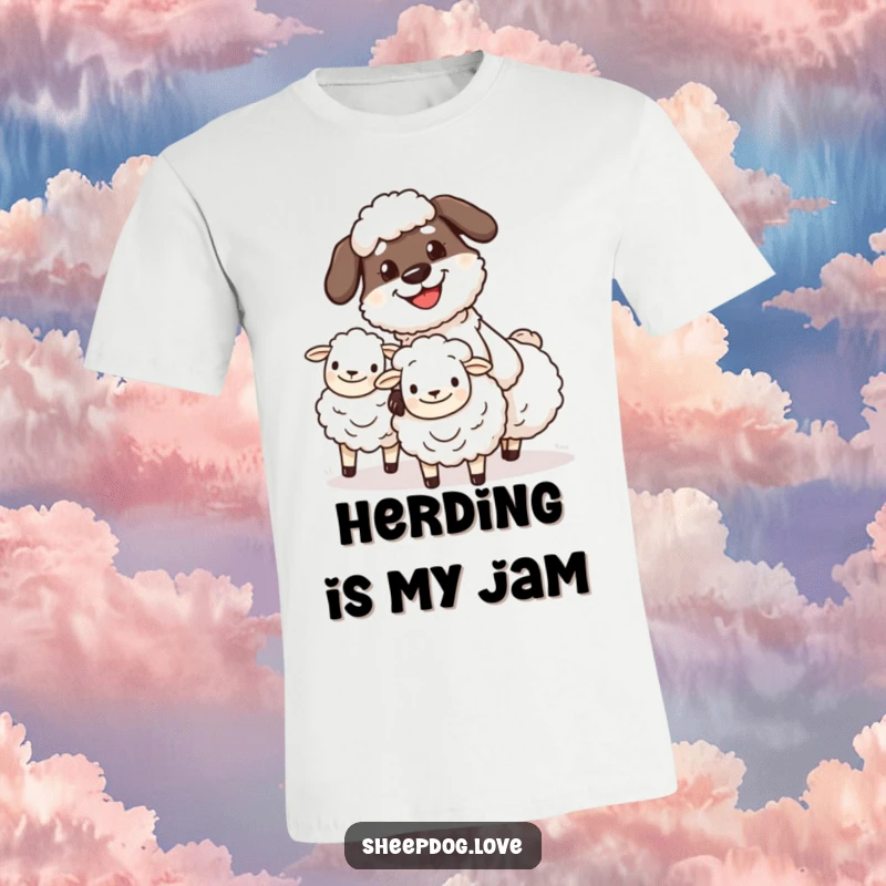 Funny sheepdog herder t-shirt featuring a determined, grinning character expertly managing fluffy sheep, embodying canine dedication.