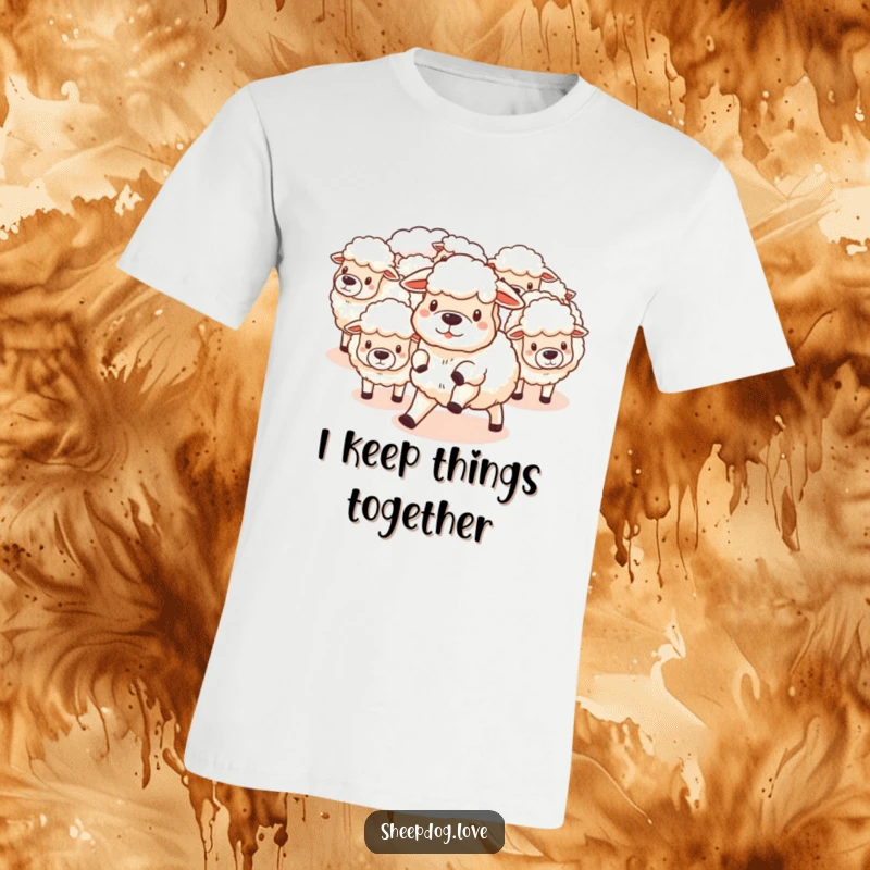 Funny T-Shirt: Fluffy sheepdog wrangles cotton-ball sheep, depicting farm humor and canine charm, a fantastic funny gift choice.
