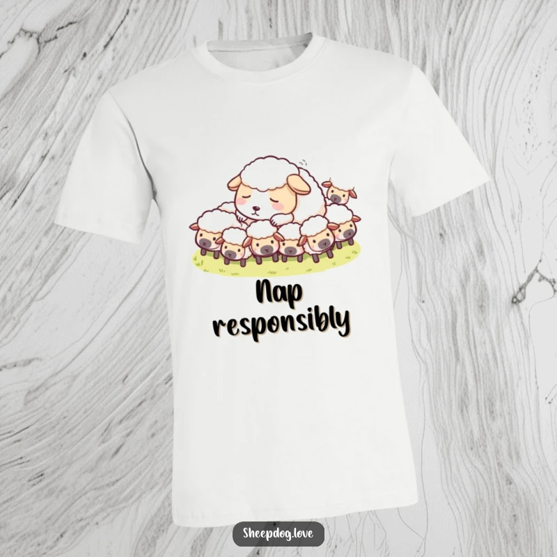 Funny Sheepdog T-Shirt depicting a peaceful sheepdog napping amongst its flock of sheep, a serene and humorous scene.