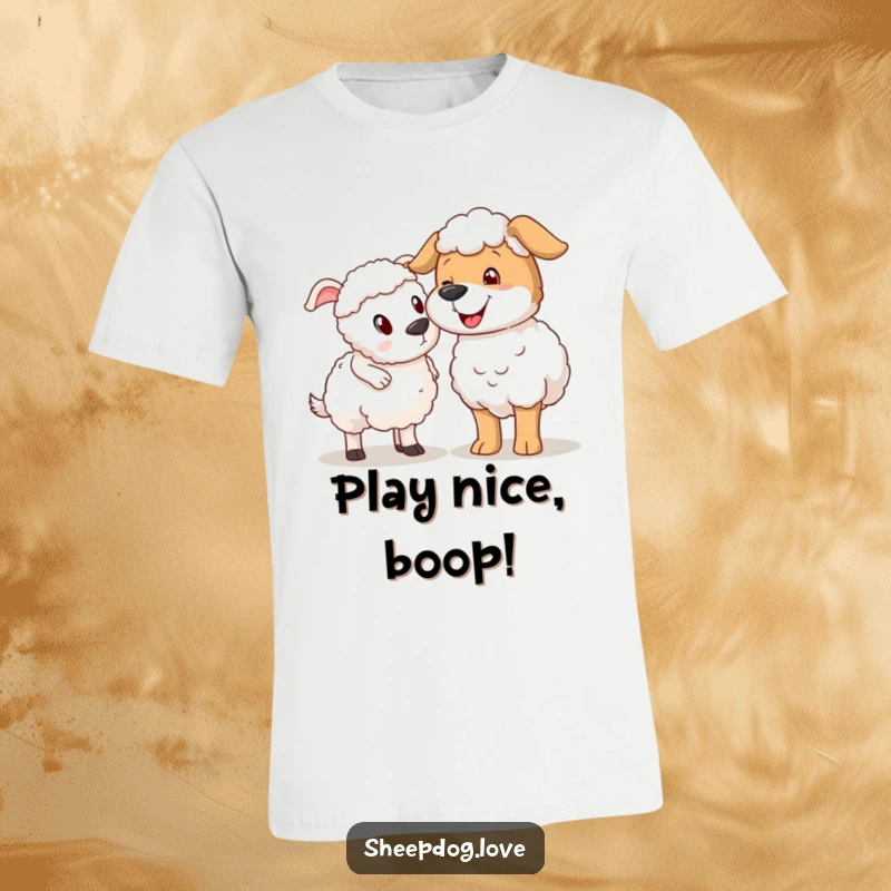 Funny sheepdog nudging sheep t-shirt, a dog playfully nudging a surprised sheep, highlighting farm humor.
