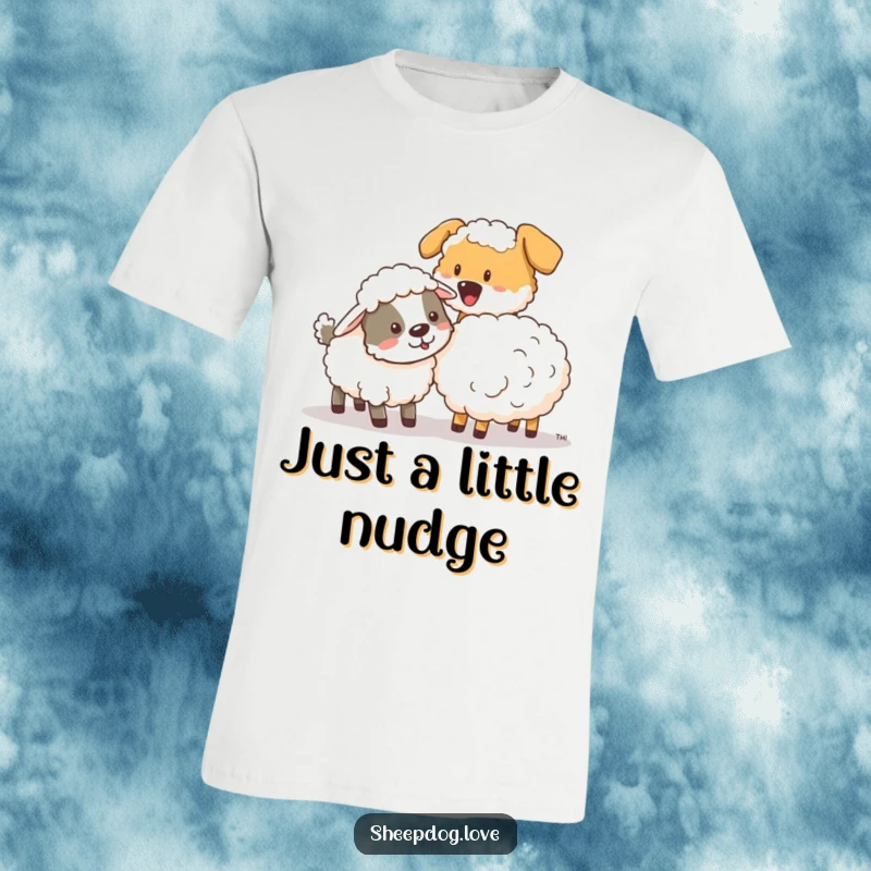 Funny sheepdog gently nudging a stray sheep back into line on a comfortable t-shirt, embodying playful direction.