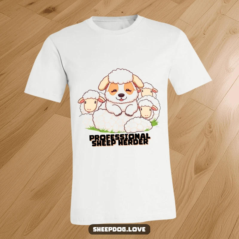 Funny sheepdog t-shirt showcasing a relaxed sheepdog surrounded by sheep, embodying a funny, peaceful moment on the farm.