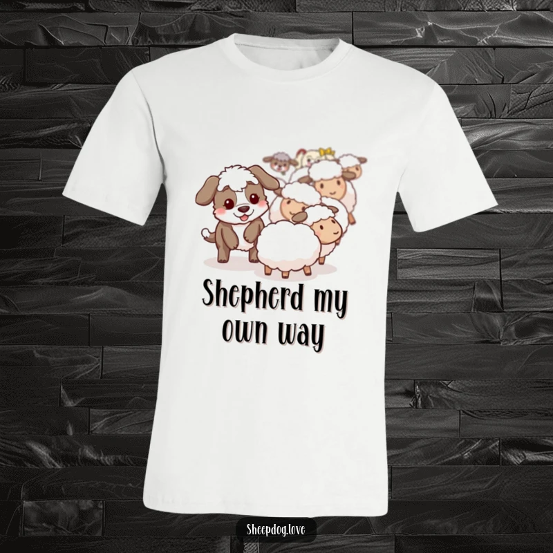 Funny sheepdog t-shirt illustrating a playful sheepdog lovingly nudging a wayward sheep back into the fold.