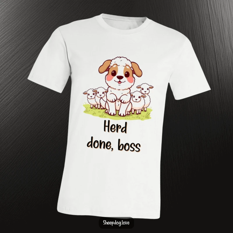 Funny sheepdog t-shirt featuring a proud dog after herding sheep, symbolizing accomplishment and diligence. Ideal for dog owners.