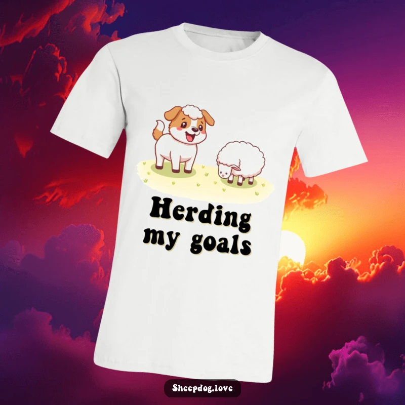 Funny Sheepdog t-shirt with a cheerful dog wagging its tail beside a content sheep, embodying the spirit of a happy farm companion.