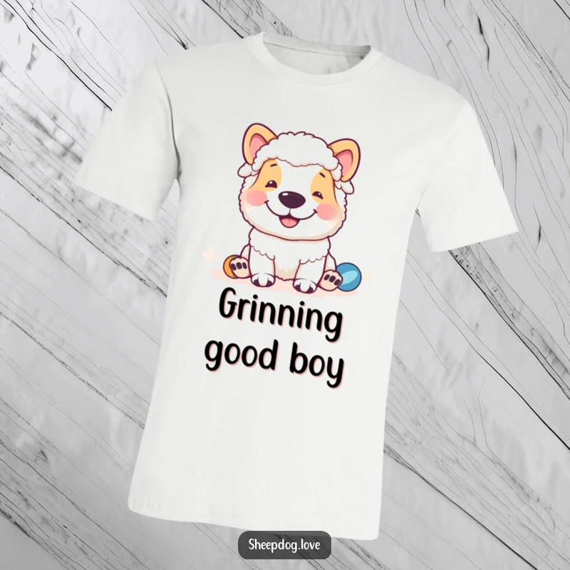 Funny sheepdog t-shirt featuring a happy, grinning sheepdog observing sheep at play, a comical scene of joyful supervision.