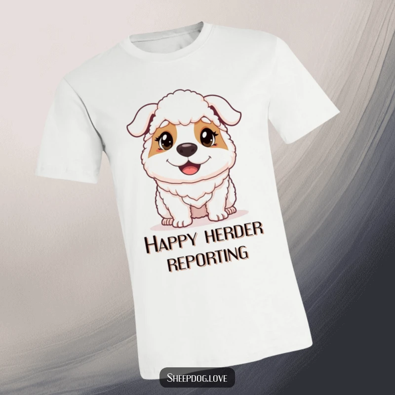 Funny sheepdog's face, radiating happy determination, printed on a comfortable t-shirt for a humorous statement.