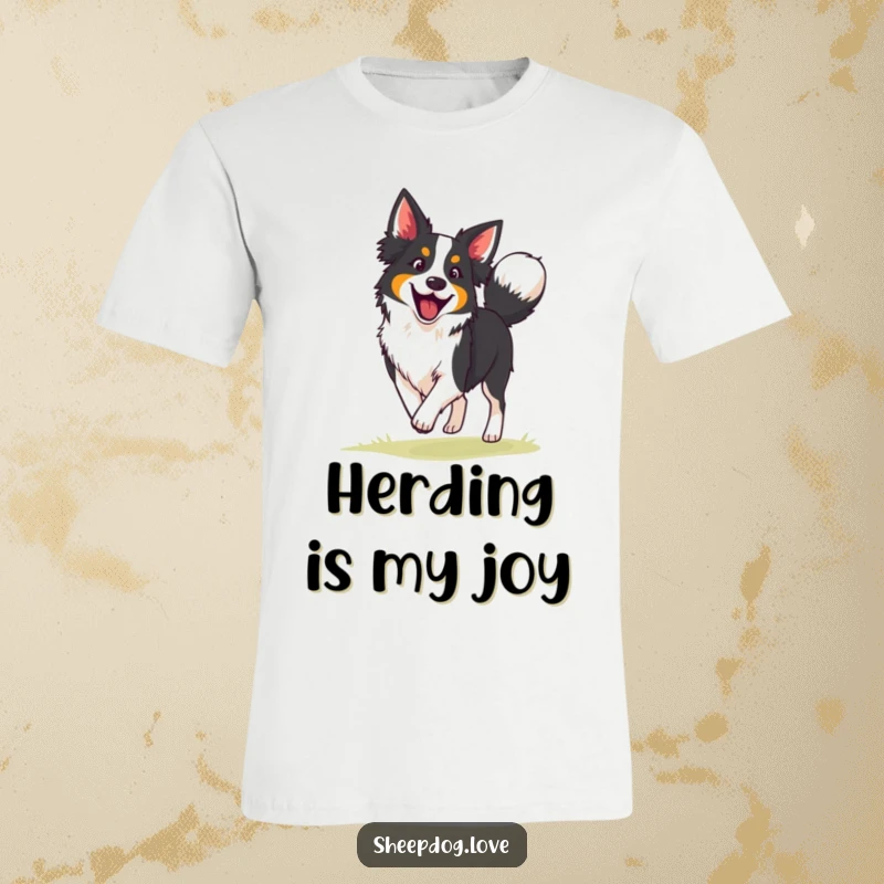 Funny border collie t-shirt capturing an excited herding dog wagging its tail, radiating pure joy and dedication to its task.