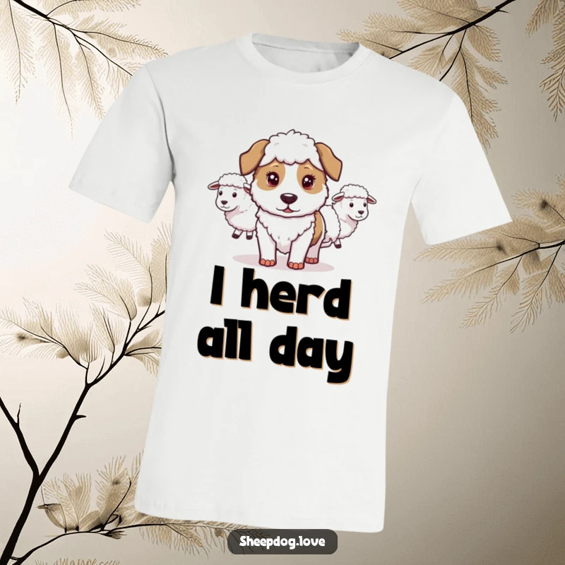 Funny Sheepdog T-Shirt: A determined sheepdog is herding sheep in a perfect line, a humorous design for dog lovers and leaders.
