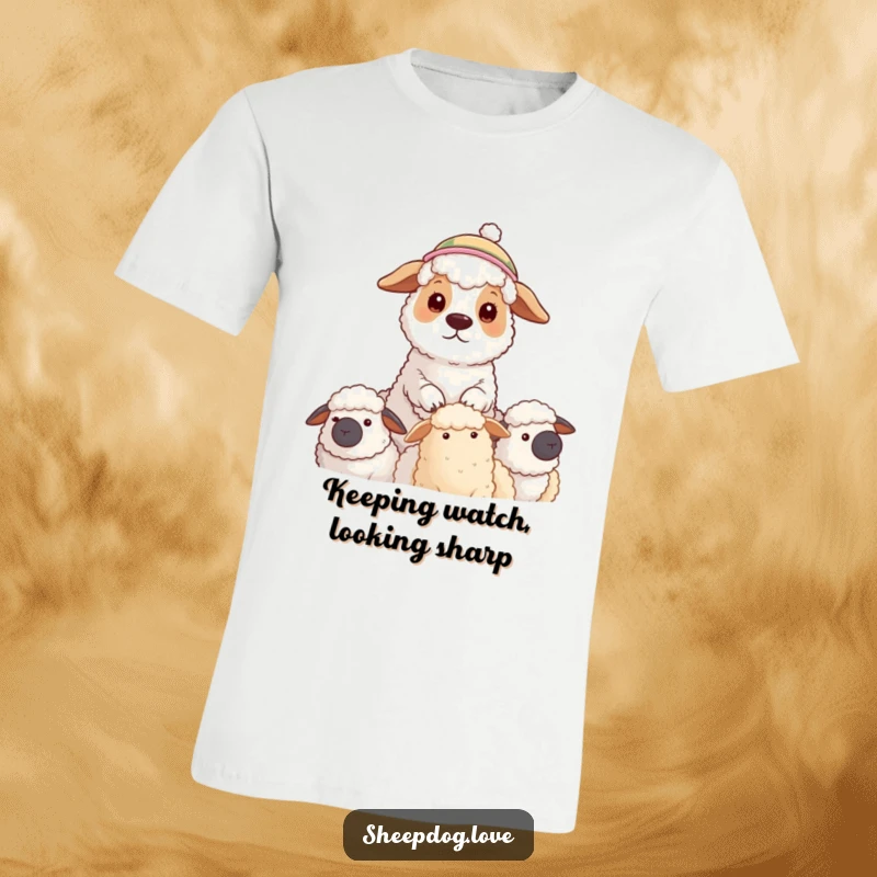 Funny t-shirt featuring a sheepdog in a cute hat, diligently overseeing its flock, embodying responsibility and adorable style.