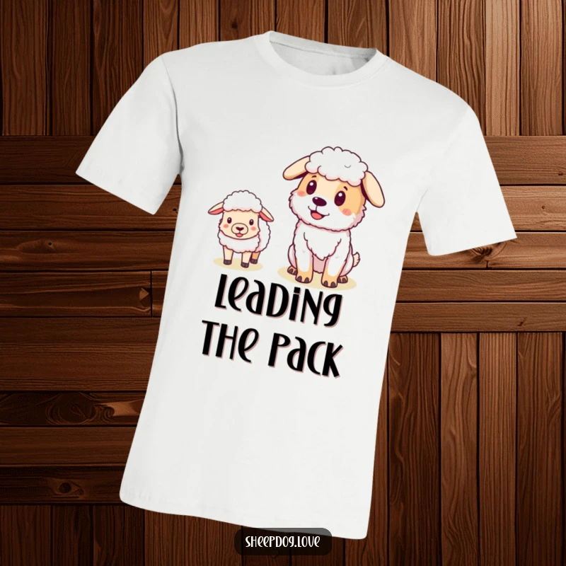Funny Sheepdog t-shirt featuring a pleased dog with sheep closely following, illustrating its natural leadership and gentle control.
